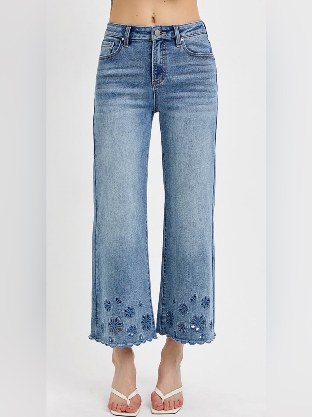 Blue Floral-Embroidered Wide Leg Jeans